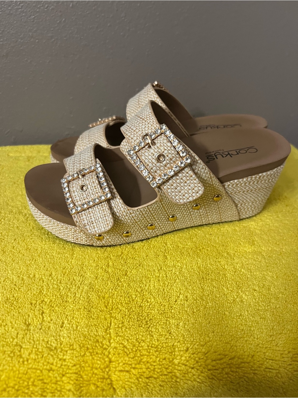 Corkys Beige Wedge Sandals with Rhinestone Buckles